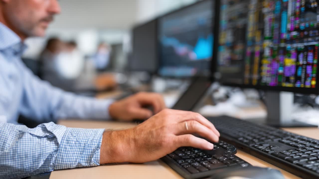 A Focused Professional Analyzing Data on Dual Monitors in a Modern Workspace, Engaged in Complex Tasks Involving Financial or Technological Insights