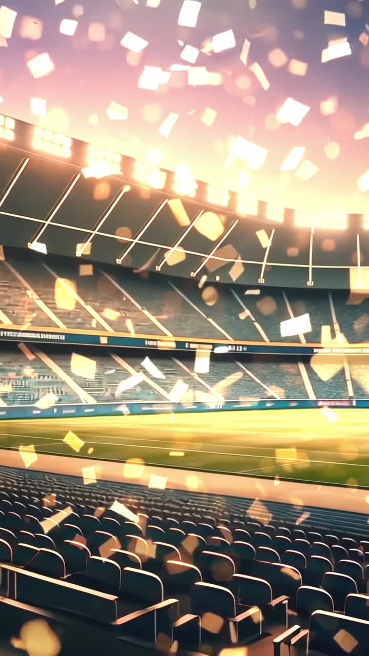 Vertical video: Sending golden confetti drifting across stands under floodlights turning on at dusk