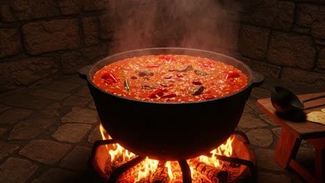 a large cauldron bubbling with flavorful stew over a roaring fire, surrounded by stone walls, creating a warm and inviting culinary atmosphere