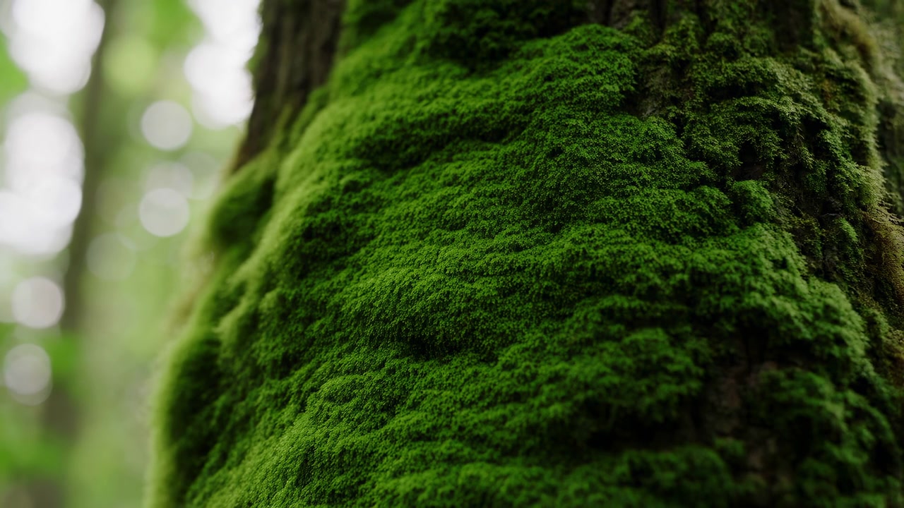 Vista dettagliata di un tronco d'albero coperto di muschio verde brillante, con uno sfondo boschivo sfocato e una luce diurna delicata che crea una scena naturale e calma