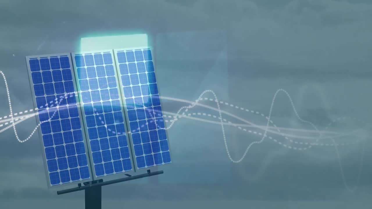 анимация световых следов и неоновых квадратных форм над солнечными панелями на фоне серого неба.