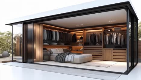 luxurious modern bedroom with integrated walk-in closet
