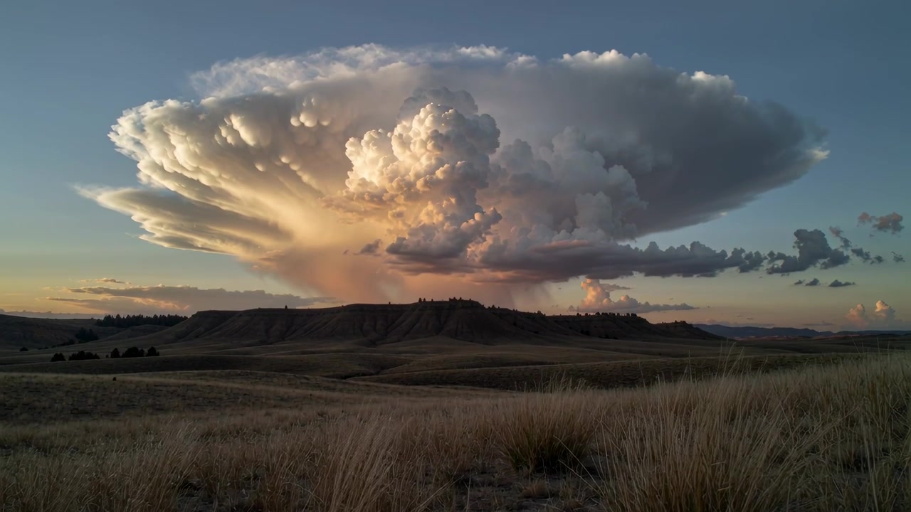 Growing cumulonimbus anvil cloud over prairie showing virga column from updraft and sunset light