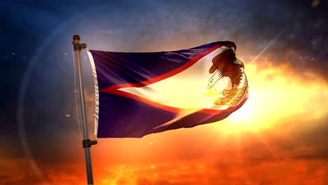 american samoa flag backlit at beautiful sunrise loop slow motion 4k