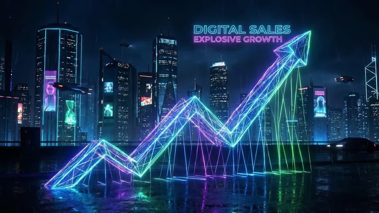 Explosives digitales Umsatzwachstum in einer futuristischen Stadtlandschaft