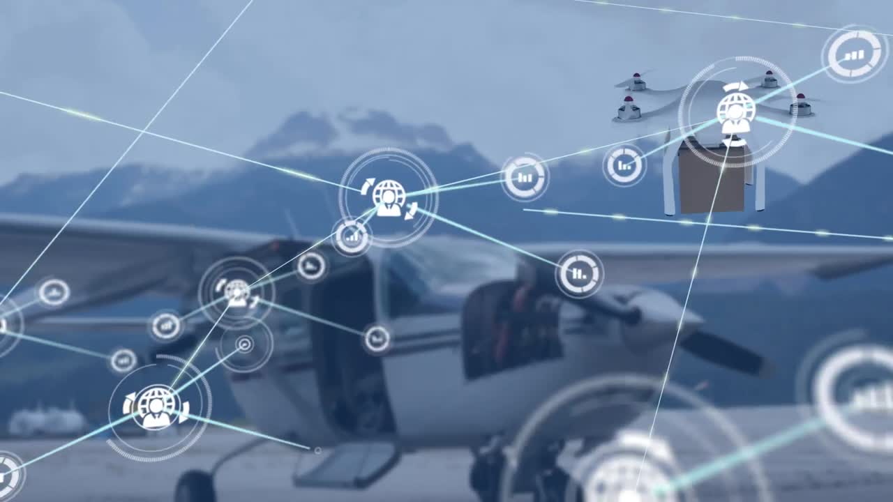 드론을 통해 패키지를 비행기를 통해 연결하는 네트워크의 애니메이션