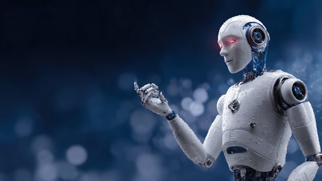 Un essere robotico futuristico con occhi rossi luminosi e tecnologia avanzata esplora il suo ambiente con movimenti complessi e presenza dinamica