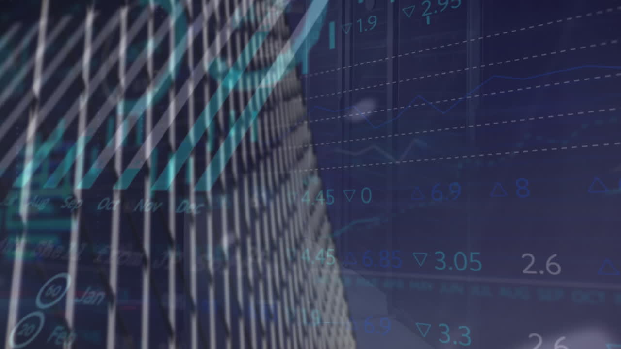 animación del procesamiento de datos estadísticos frente a una vista de ángulo bajo de un edificio alto