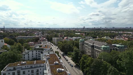 Cinematic-aerial,-Bundesfinanzhof,-high-federal-court,-Munich,-Germany