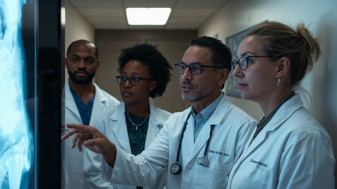 Pointing doctor leading team viewing lit X-ray in clinic corridor with stethoscope and lab coats