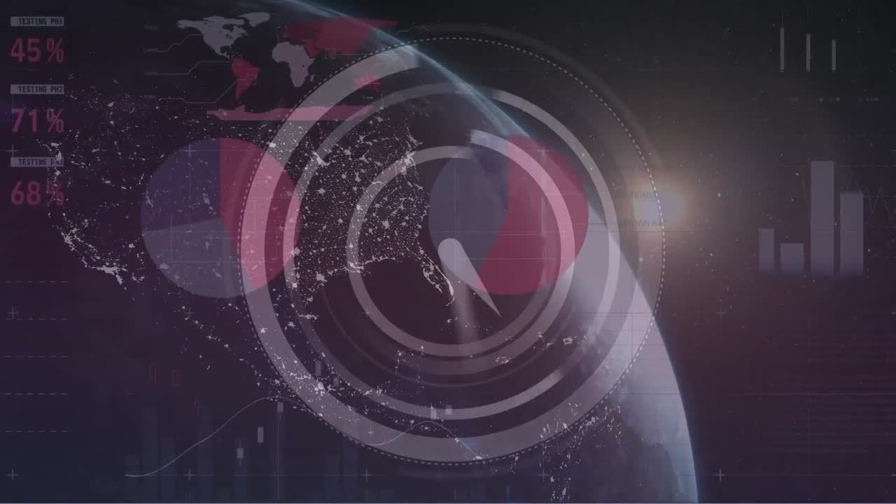 animación del reloj con interfaz infográfica sobre el destello de la lente y el globo giratorio sobre fondo negro