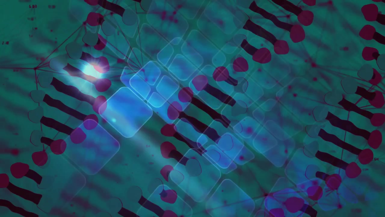Abstract scene showing blue flare sparking magenta rows sliding over nodes tilting tiles for design