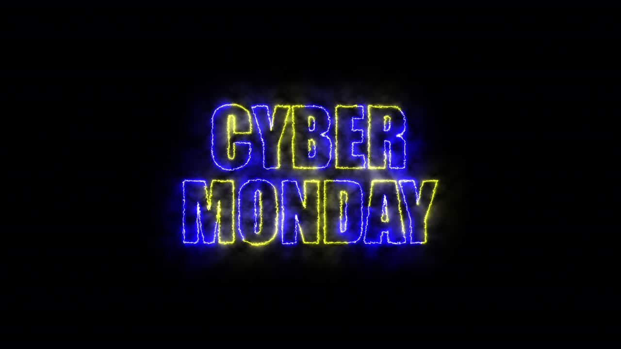 lunes cibernético colorido cartel de neón con fondo negro para promocionar el video. concepto de promoción de la venta de la marca