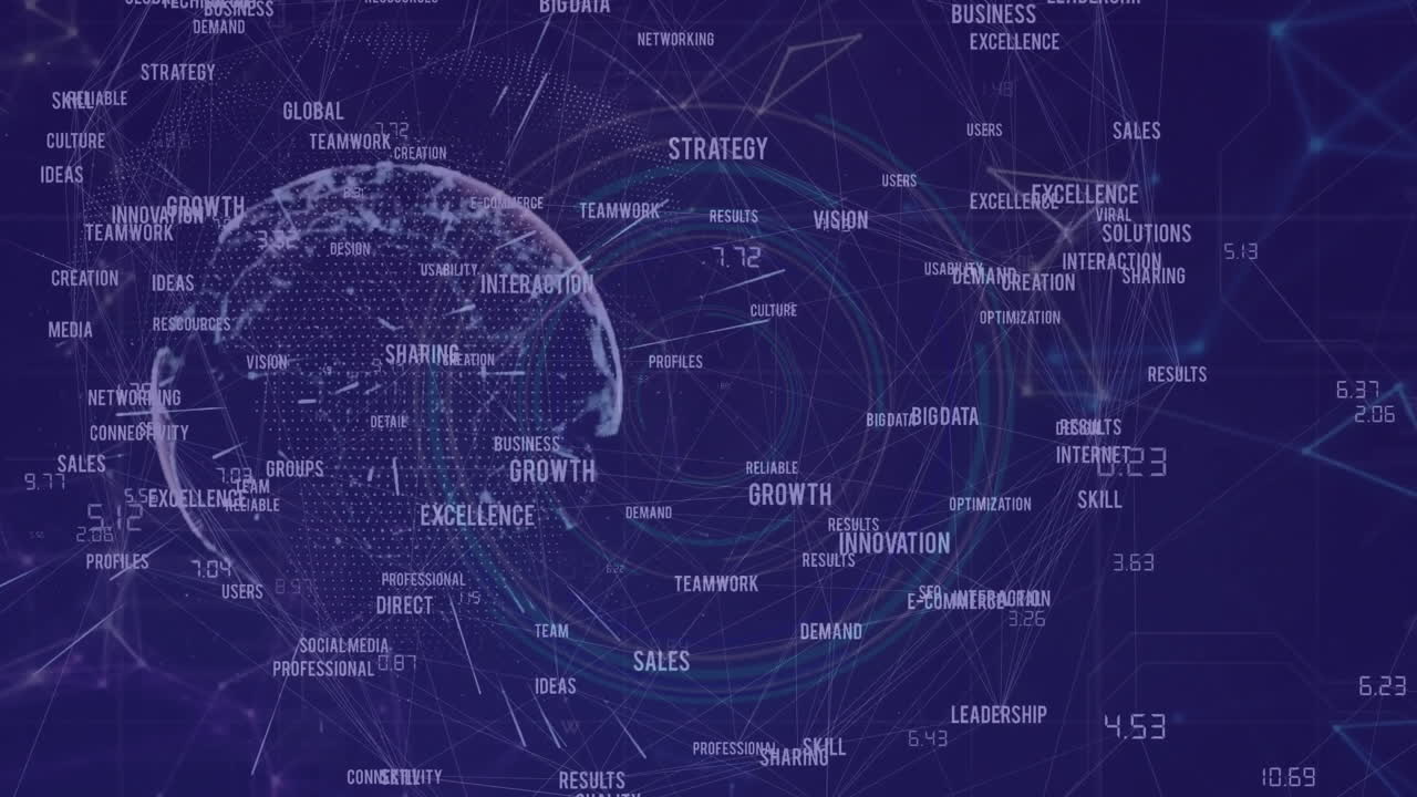 Animation of network of connections with business texts over globe