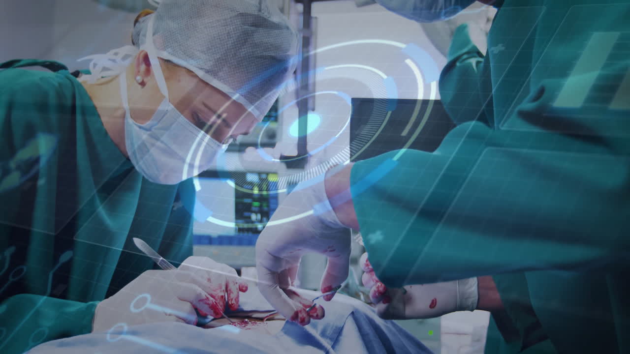 Surgical team performing medical procedure in OR, showing animated digital vital-sign HUD graphics