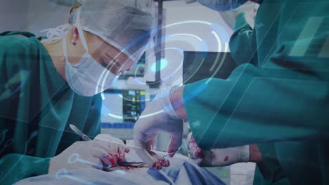 surgical team performing medical procedure in or, showing animated digital vital-sign hud graphics