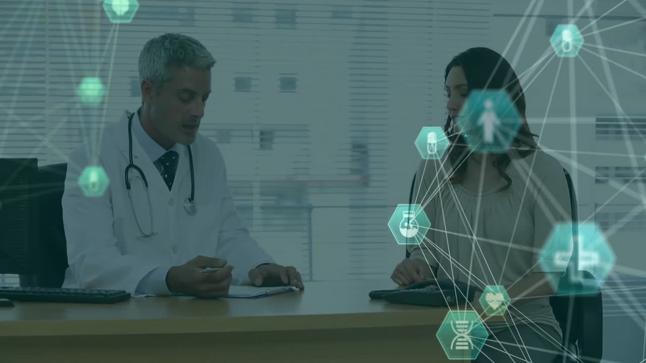 Doctor consulting patient, medical network and data processing animation over them