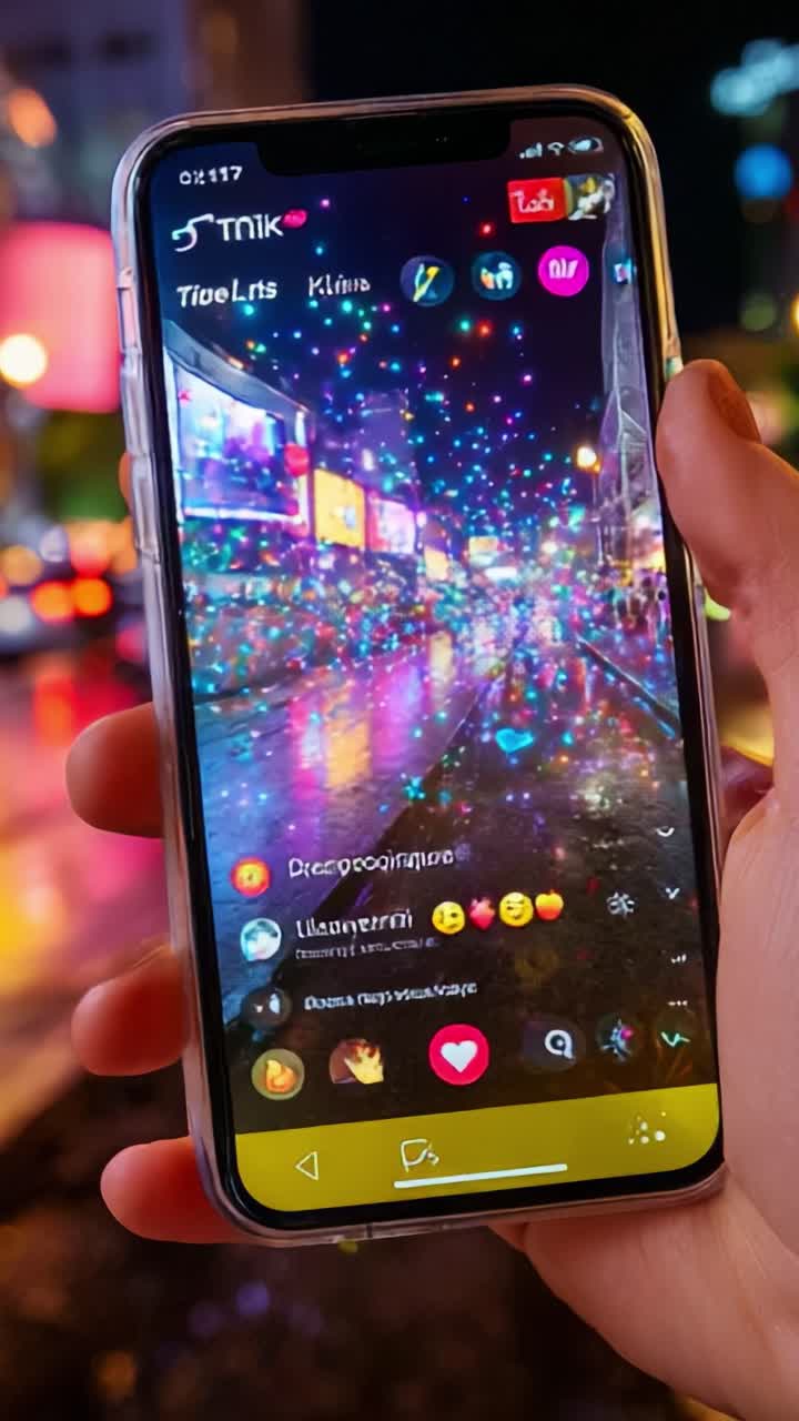 A vibrant nighttime scene illuminated by colorful lights reflects off a wet street as a person holds a phone displaying an app interface, capturing the magical atmosphere of a lively city setting