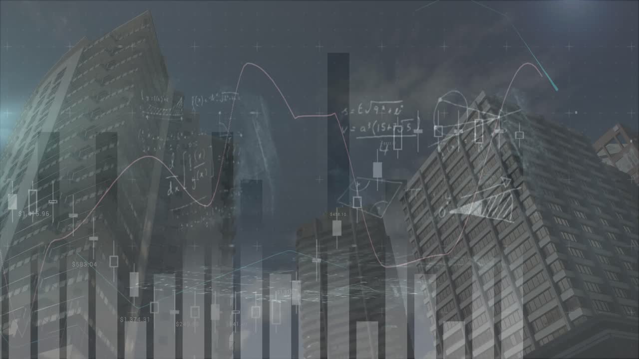 Animation von Statistikverarbeitung und mathematischen Gleichungen über einer Stadtansicht