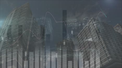 Animation-of-statistics-processing-and-mathematical-equations-over-cityscape