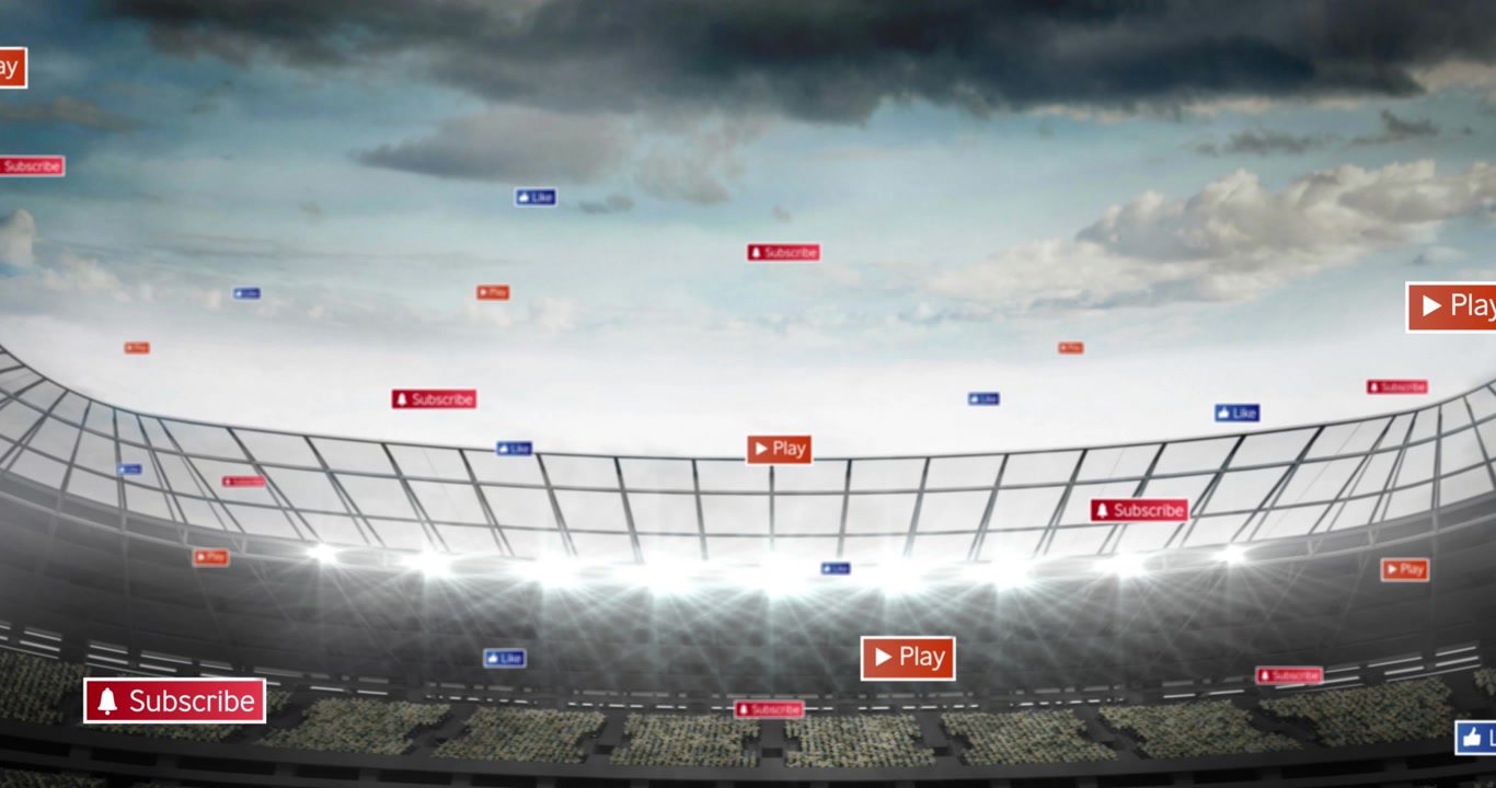 Animation of social media icons floating against sports stadium
