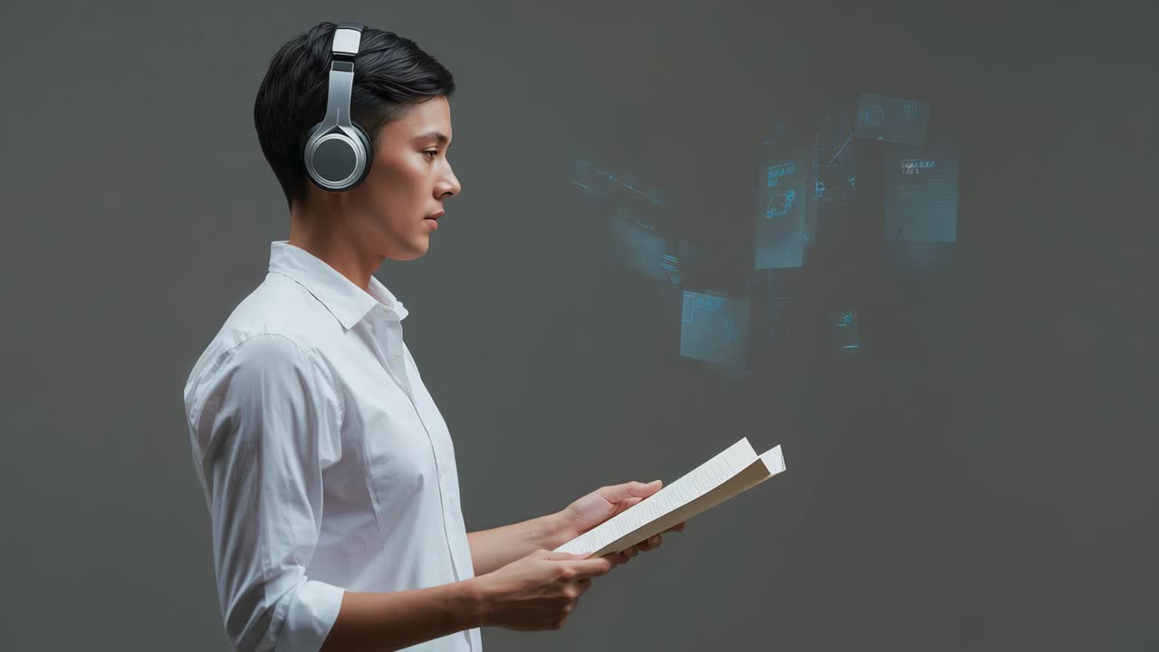 Holding book reader in shirt phones watching cyan panels forming showing info in studio, copy space