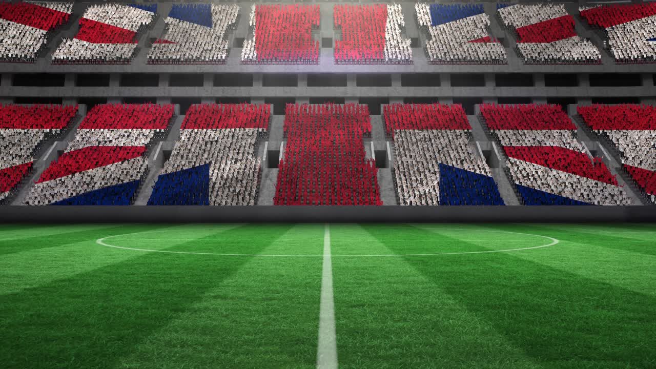 анимация британского флага на пустом футбольном поле на спортивном стадионе