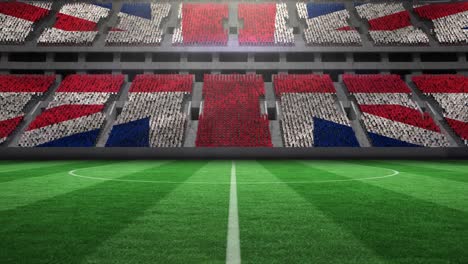 animation of british flag on empty football pitch in sports stadium