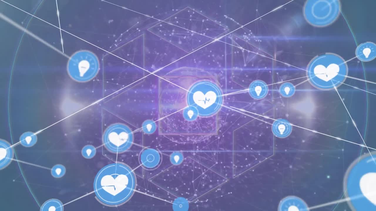 연결 네트워크와 레인보우 렌즈 플레어의 전 세계 디지털 아이콘 네트워크의 애니메이션