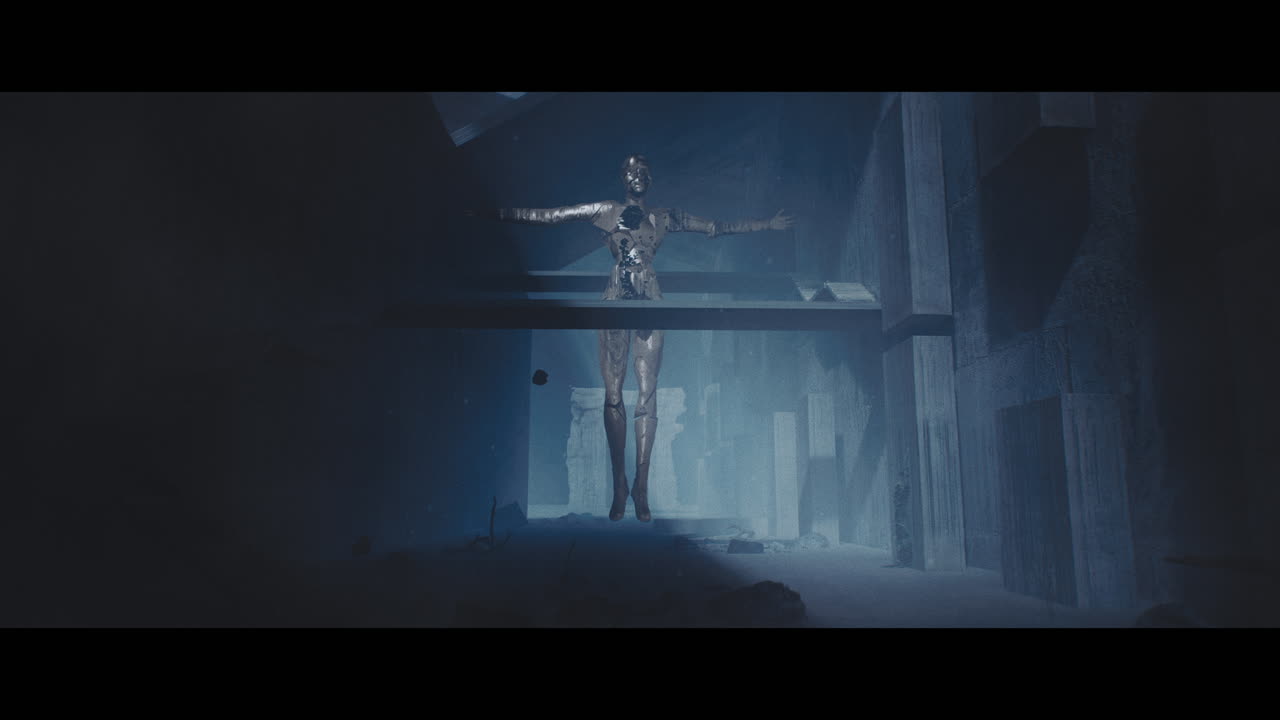 Floating Robotic Figure in a Futuristic, Abandoned Environment