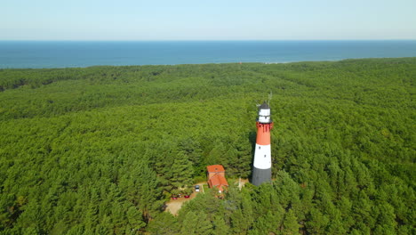 aerial flight over stilo lighthouse in forest trees near ocean on blue sky day