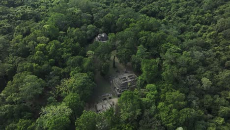 flying backwards at yaxha mayan ruins at guatemala jungle, aerial