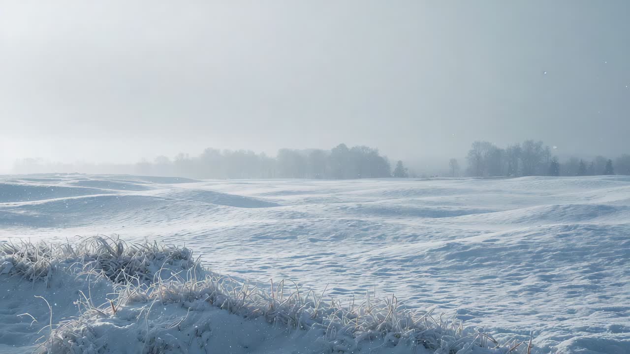 Shifting pale sun and mist softening treeline and lighting rural drifts, with frosted grasses