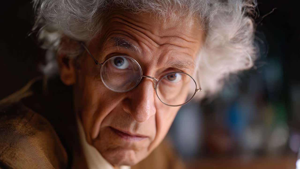 Un pensieroso uomo anziano con caratteristici capelli ricci e occhiali, immortalato in un momento di riflessione, immerso nella contemplazione in una stanza scarsamente illuminata