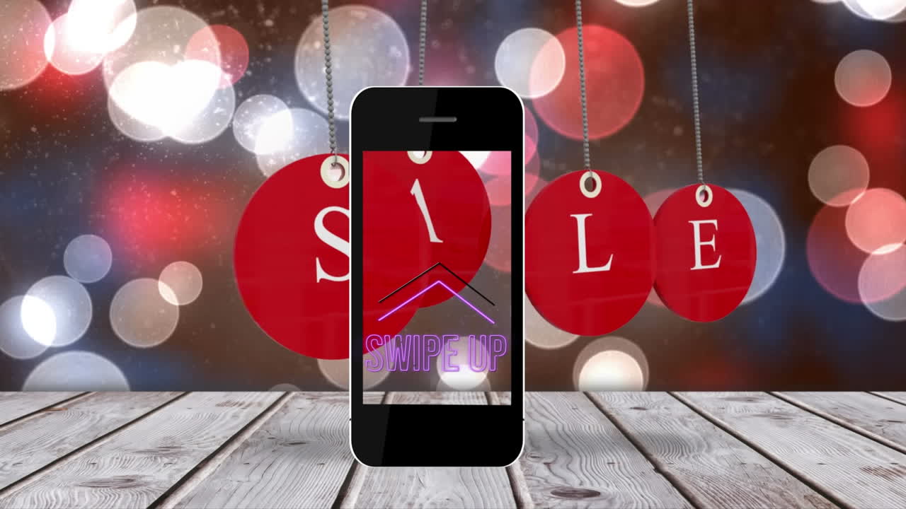 animación de la palabra venta escrita en bolas rojas colgadas frente a un teléfono inteligente.