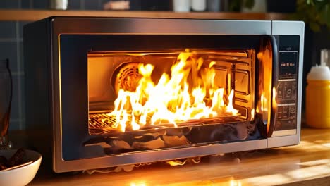 a microwave oven with flames inside of it on a kitchen counter