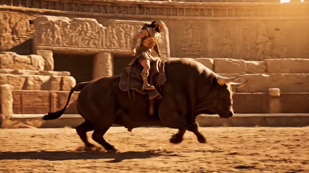 Man riding a bull in an ancient arena