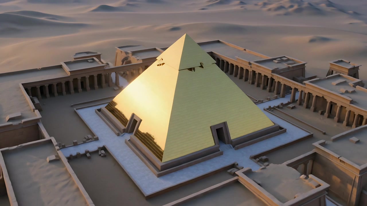 Otáčející se kamera odhaluje pozlacenou pyramidu odrážející sluneční světlo v pouštním komplexu, ukazující vchody.
