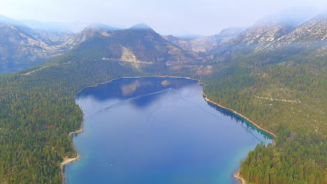 Ripply-fallen-leaf-lake-Fannette-island-California-aerial