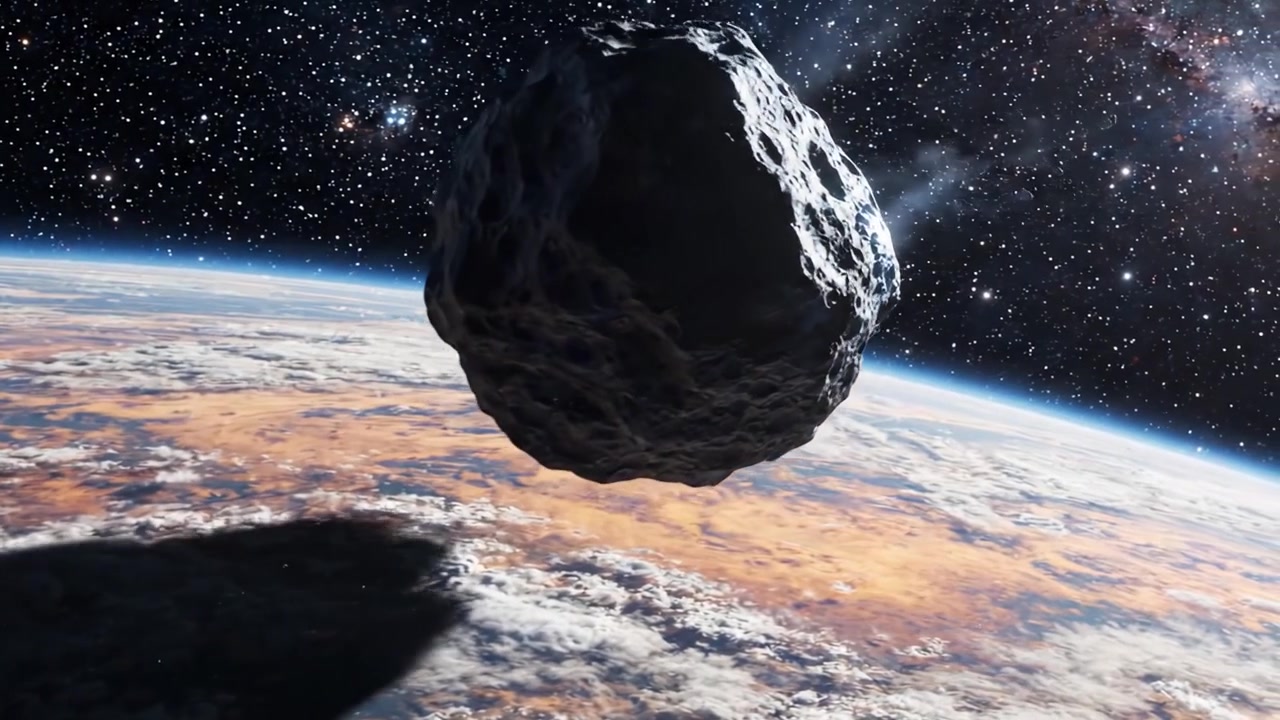 Una vista mozzafiato di un asteroide che passa vicino alla Terra, catturato nello spazio con uno sfondo di stelle e l'atmosfera terrestre, che mostra la bellezza cosmica e la meccanica celeste.