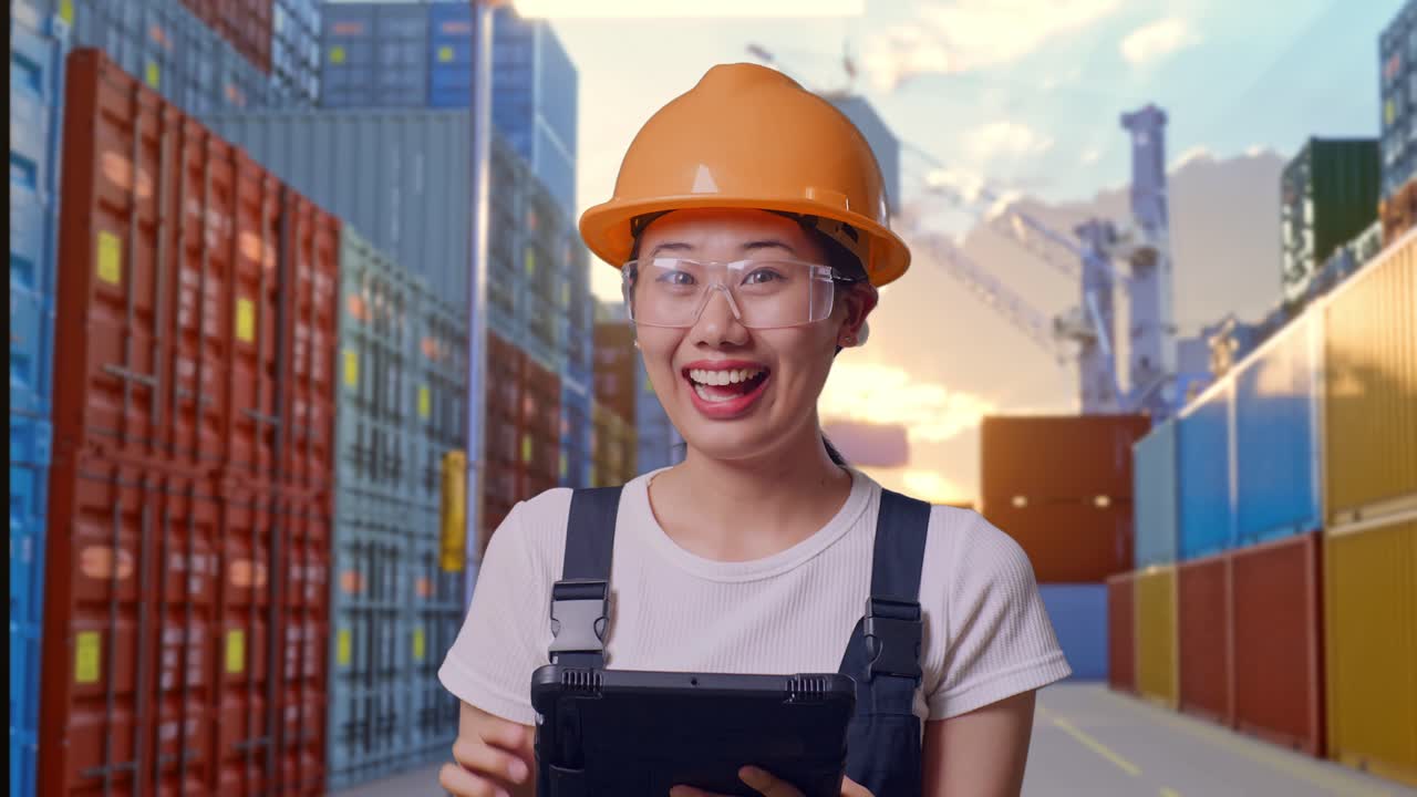 Close Up Of Asian Woman Worker Wearing Goggles And Safety Helmet Using A Tablet And Pointing To Side While Standing At Container Yard Warehouse