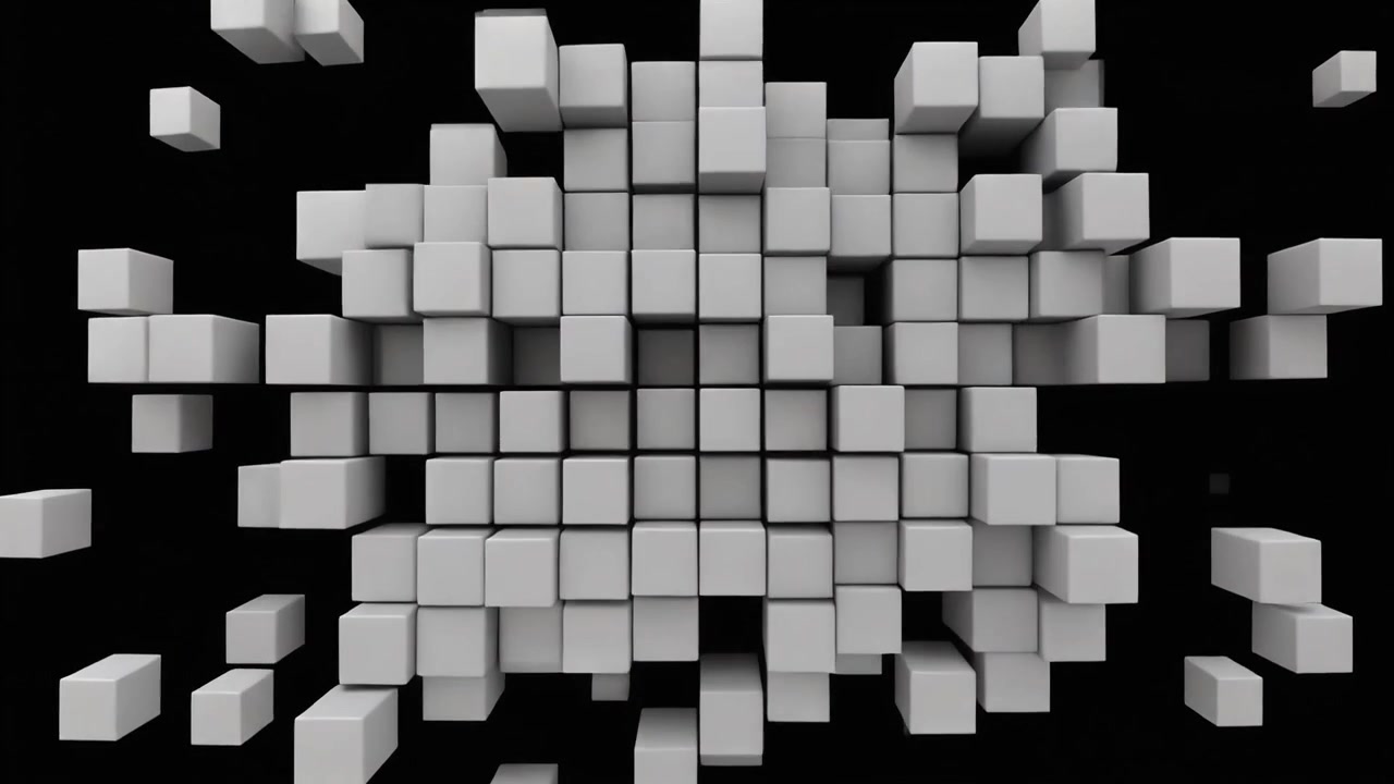Abstrakt animation af udvidende og sammentrækkende hvide terninger på sort baggrund