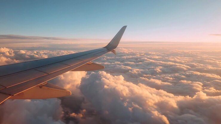 Aile d'avion volant au-dessus des nuages au coucher de soleil à l'heure dorée