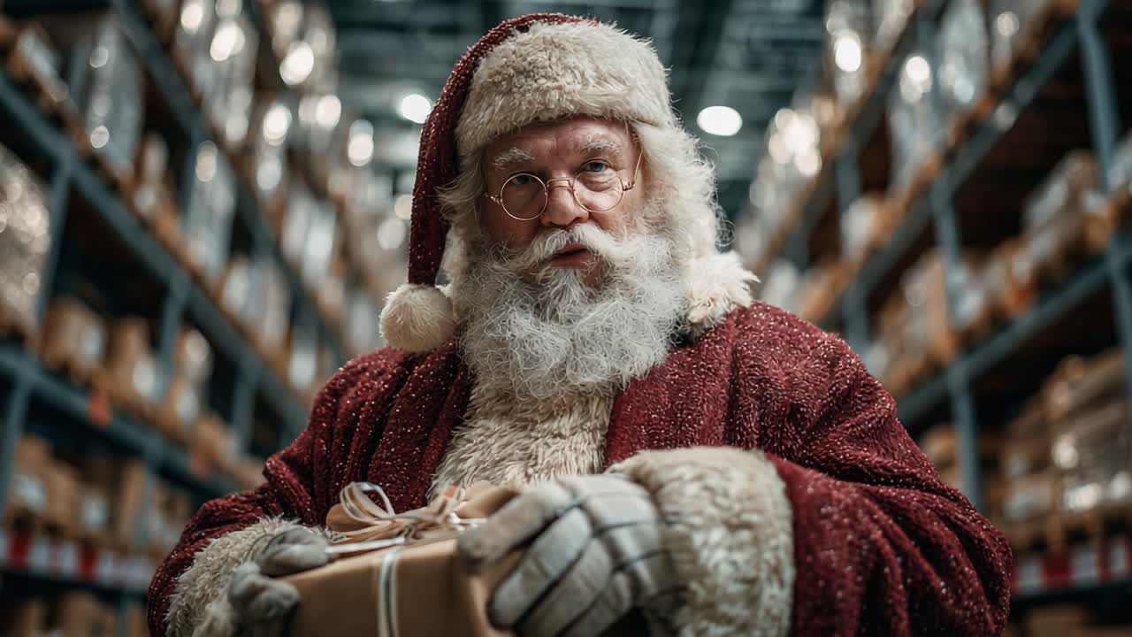 Una gioiosa scena natalizia con un tradizionale Babbo Natale circondato da un magazzino pieno di regali, che cattura lo spirito dell’allegria e della generosità delle feste