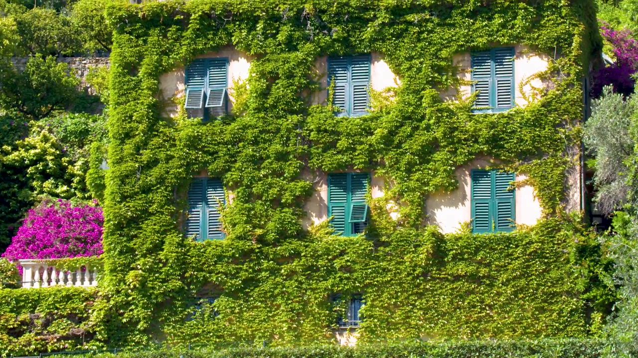 Uma inclinação lenta para cima revela uma grande vila coberta de hera dentro de um jardim exuberante