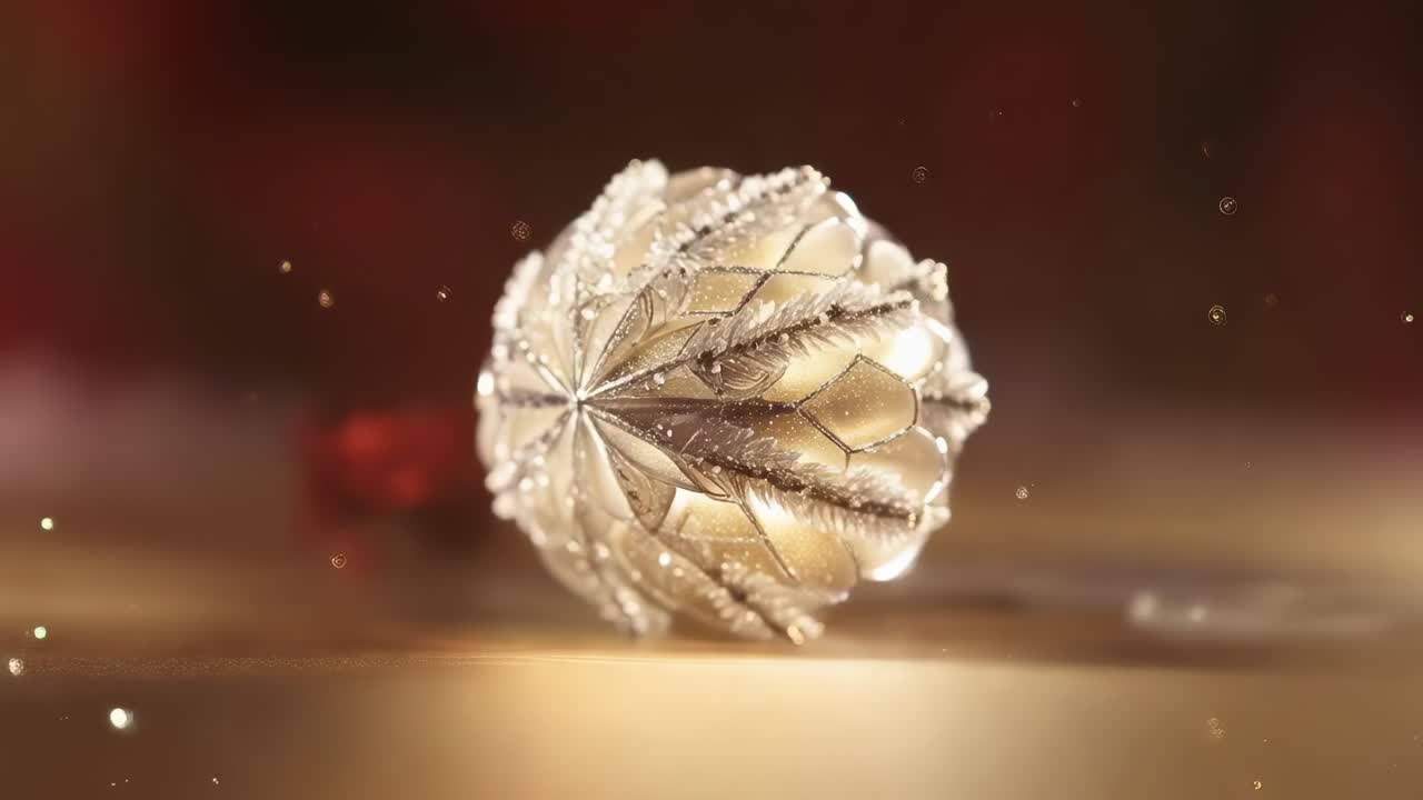 Telecamera in movimento che si avvicina a una decorazione dorata su un tavolo a specchio, rivelando dettagli di glitter e perline