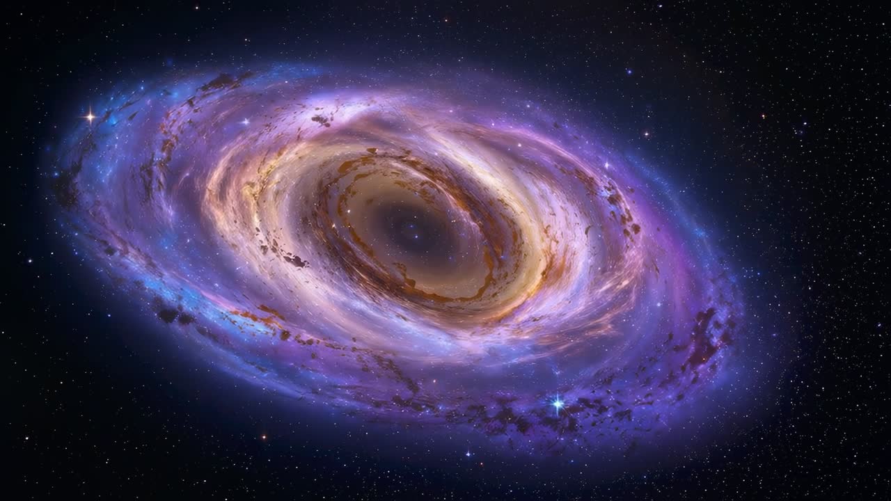 Zoom della camera verso una galassia a spirale inclinata, che mostra anelli, corsie di polvere e nucleo mentre ruota nello spazio profondo