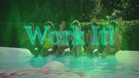 by pool, people sitting with glowing green work it! animation above