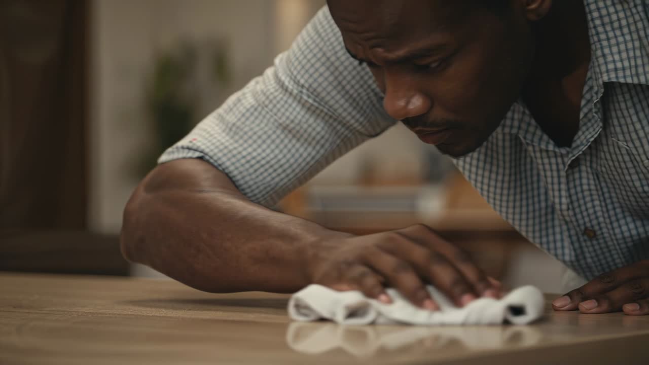 Placing white cloth, man in short sleeves plaid shirt wiping kitchen counter checking cleanliness