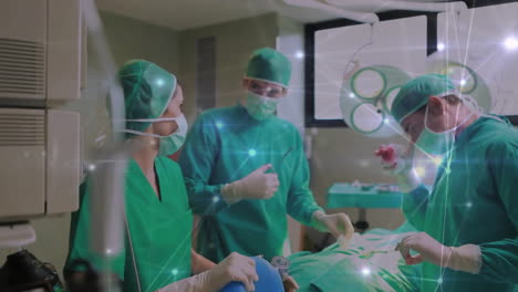 performing surgery, medical professionals with network connections animation overlay